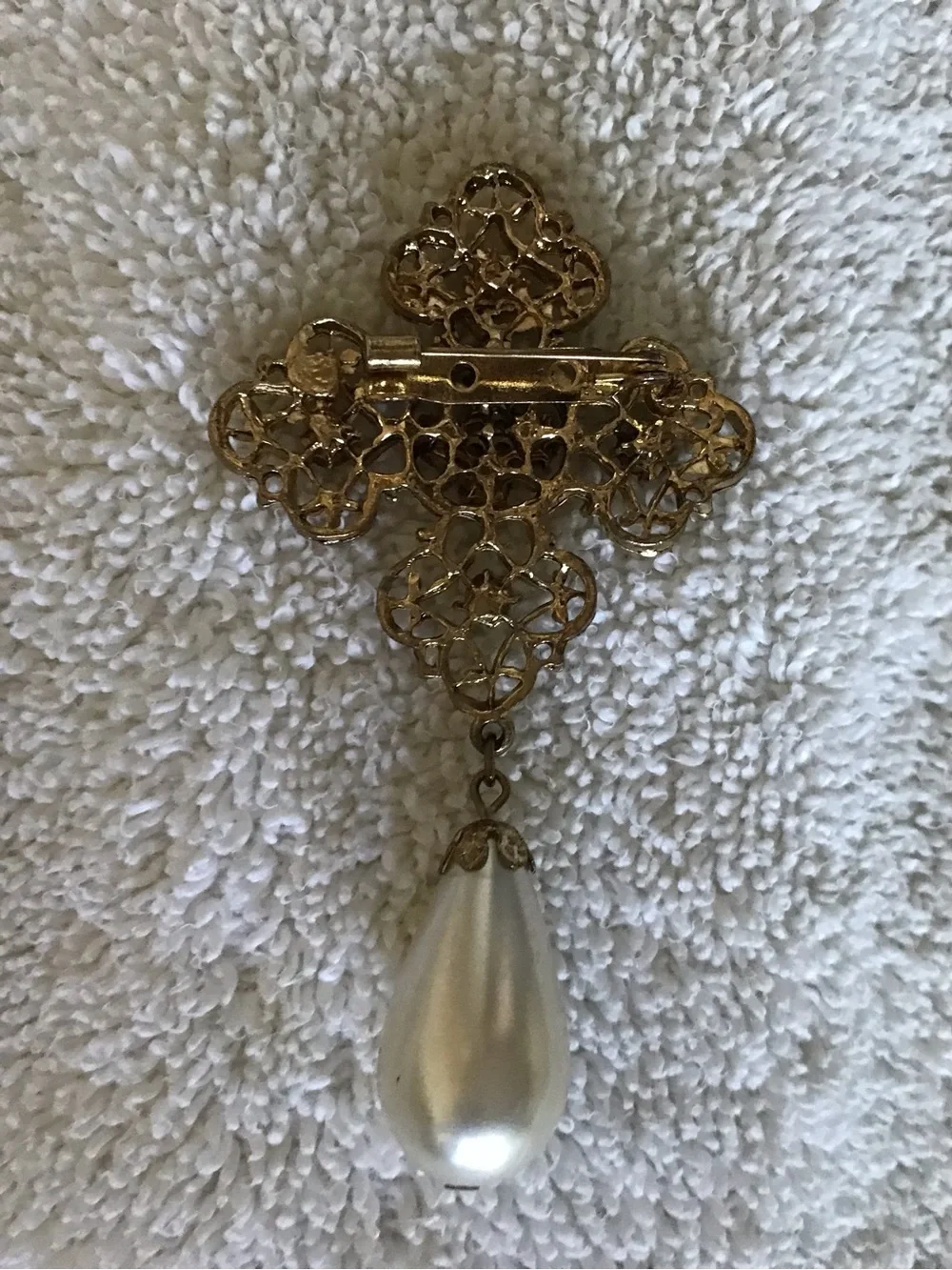 Gold Filigree Cross Pendant with White Pearl Drop